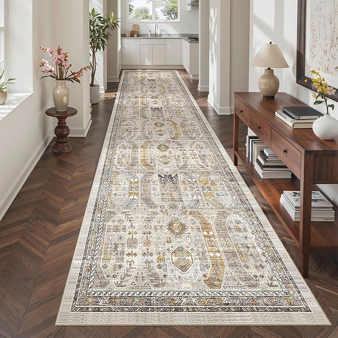 Madane 3x12 Hallway Runner Rug - Non Slip Washable 12ft Runner for Hallways Soft Vintage Kitchen Rugs Low-Pile Carpet Runner for Entryway Bathroom Thin Floor Mat for Bedroom Dining Room, Brown/Gold