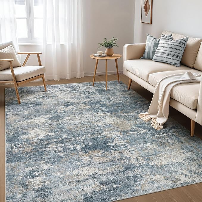 Nakagishi 5x7 Area Rugs Living Room: Washable Abstract Large Neutral Soft Rug Stain Resistant Modern Indoor Floor Non-Slip Carpet for Bedroom Nursery Kids Playroom Office Dining Room Dorm-Blue