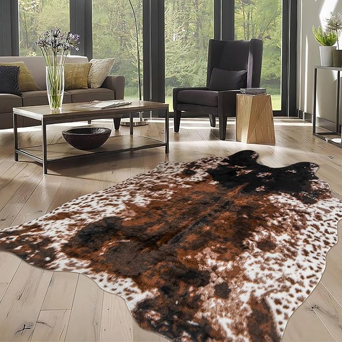 Cow Print Faux Cowhide Rug, Fluffy Fur 6.2x8.2 Feet Washable Cow Rugs for Living Room Bedroom Animal Print Hide Skin Rustic Western Décor Black and Brown