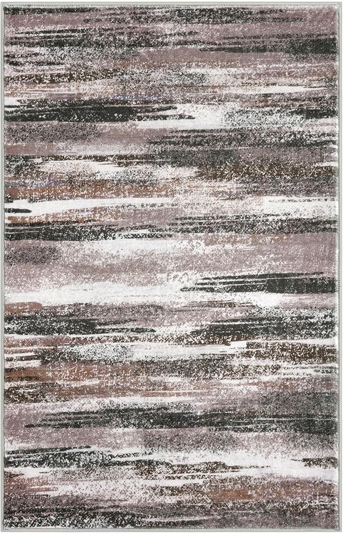 Lansny Modern Abstract Small Area Rug Indoor, Dark Light Brown White 3x5 Washable Rug Non-Slip Soft Entryway Rug Kitchen Mats Thin Print Faux Wool Floor Carpet Throw Rugs for Entrance Bedroom