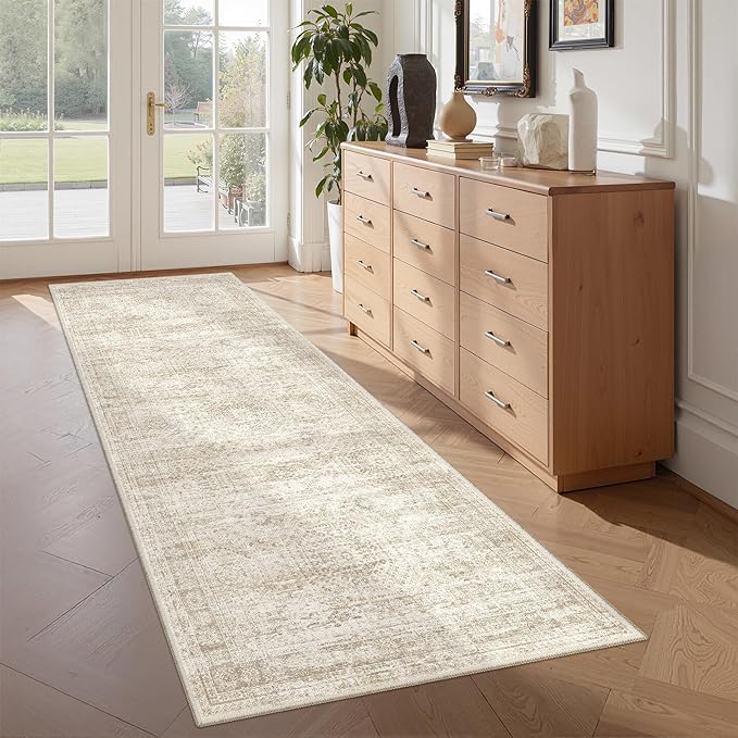 2x5 Rug Runner Washable for Entryway, Soft Bathroom Rugs with Non-Slip Backing, Abstract Low Pile Hallway Runner, Vintage Small Kitchen Carpet for Stair, Laundry Room(2'x5', Beige/Ivory)
