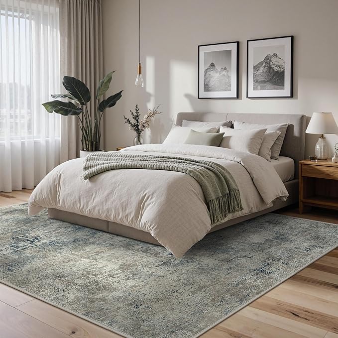 BEIMO Area Rugs 10x12 for Living Room Bedroom, Modern Abstract Machine Washable Rug, Large Soft Low Pile Floor Carpet with Non Slip Backing for Dining Room, Light Gray Blue