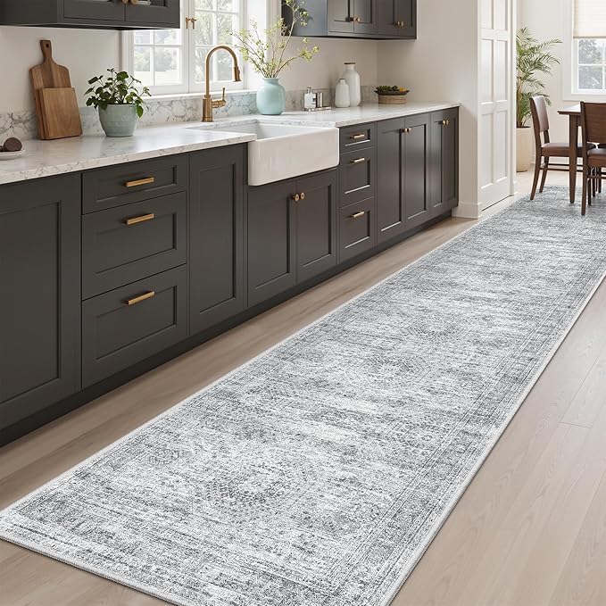 Runner Rug 2'6" x 10' Washable Non-Slip Runner Rugs for Kitchen Bathroom Laundry Room Vintage Ultra Thin Runners for Hallway Entryway Grey