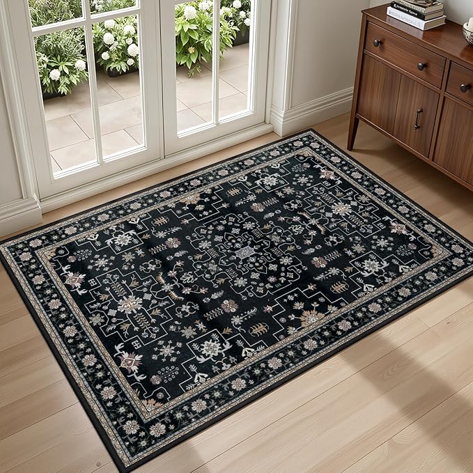 2x3 Area Rugs Living Room Rug: Washable Vintage Boho Medallion Rug No Slip Stain Resistant Soft Carpet Indoor Floor Large Carpets for Bedroom Dining Room Farmhouse Nursery Hallway Home Office Black