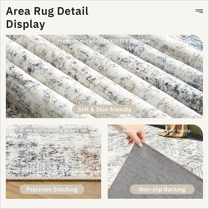 10x14 Area Rugs for Living Room, Non Slip Machine Washable Vintage Rugs, Low Pile Lightweight Large Rug for Bedroom, Dining Room, Home Office Blue Ivory