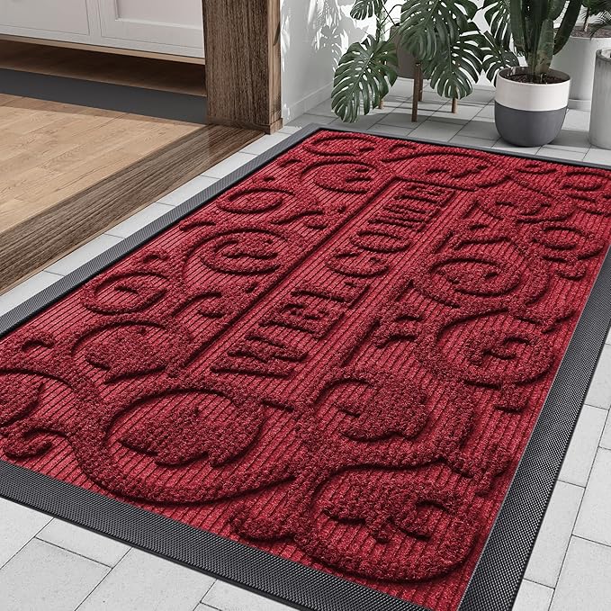 Smiry Welcome Door Mat Outside Entrance, Heavy Duty Trap Dirt and Moisture Easy Clean Low Profile Patio Porch Indoor Outdoor Front Doormat for Entry, 35x23 Inch, Burgundy