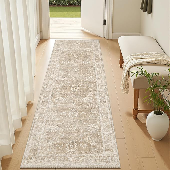 Madane Washable Runner Rug 2x6, Kitchen Hallway Runner Rug with Non-Slip Rubber Backing, Vintage Soft Low Pile Carpet Runner for Entryway Laundry Bathroom Bedroom Living Room (2 x 6, Beige/Brown)