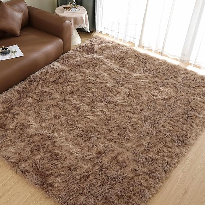 Goolela Area Rug 8x10 - Light Brown Beige - Fluffy Fuzzy Shag Rug for Living Room Bedroom Faux Sheepksin Fur Plush Rectangle