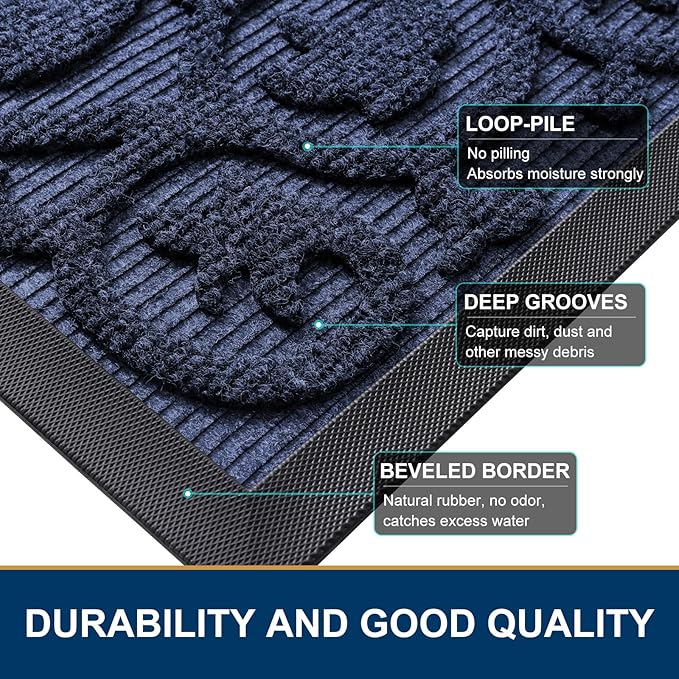 Smiry Welcome Door Mat Outside Entrance, Heavy Duty Trap Dirt and Moisture Easy Clean Low Profile Patio Porch Indoor Outdoor Front Doormat for Entry, 35x23 Inch, Navy Blue