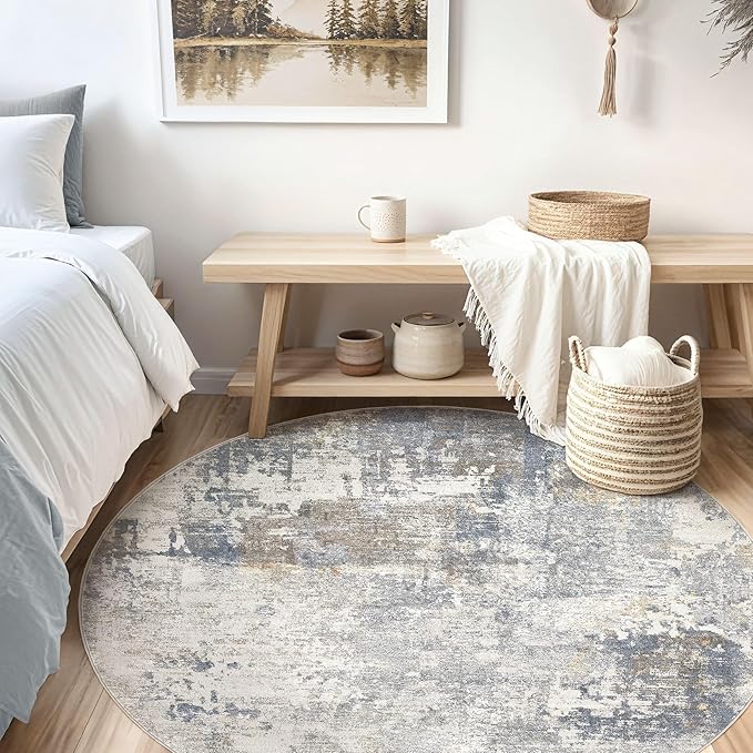 UERMEI 6ft Round Area Rug Living Room Rugs - 6x6 Washable Neutral Modern Abstract Soft Thin Rug Indoor Floor No Slip Rug Carpet for Bedroom Under Dining Table Home Office Decor - Blue Grey