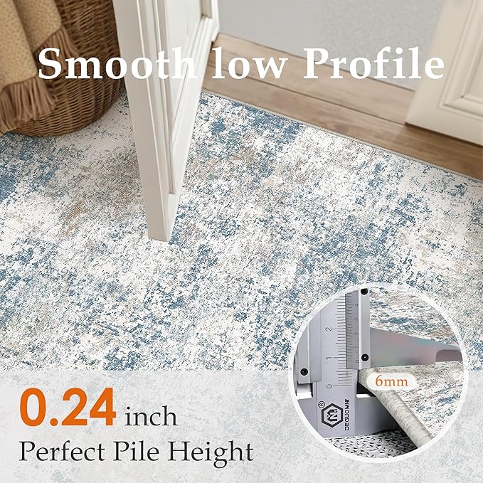 PureCozy Blue 6x9 Area Rug Washable Modern Abstract Living Room Carpet Non Slip Neutral Low Pile Soft Contemporary Aesthetic Bedroom Large Rug Indoor Office Dining Room Playroom