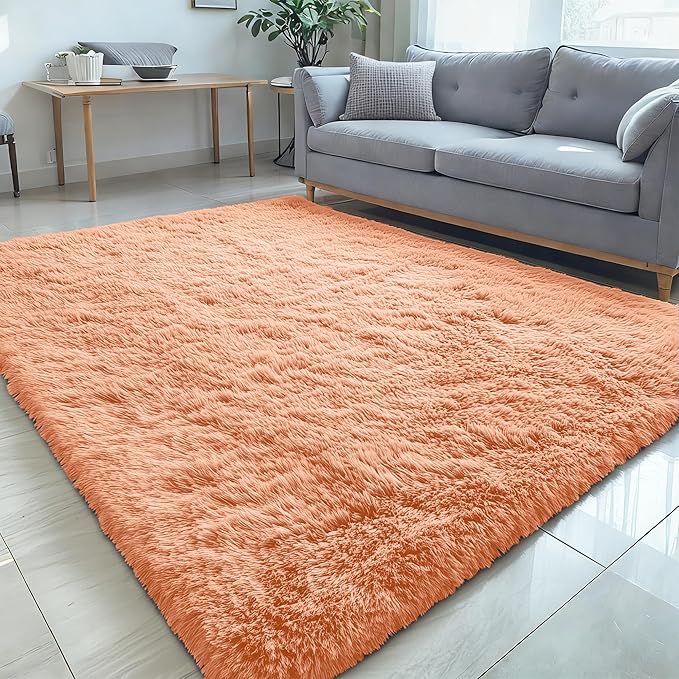 OLANLY 5x7 Machine Washable Large Area Rugs for Living Room, Bedroom, Soft Fluffy Shaggy Bedside Rug, Indoor Floor Carpet for Kids Girls and Boys, Dorms, Nursery, Home Decor Aesthetic, Muted Orange
