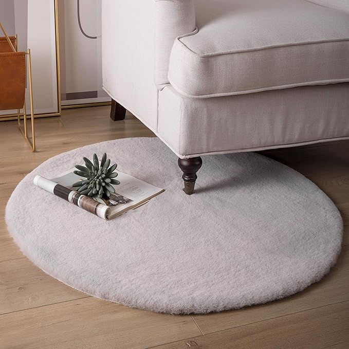 Ashler HOME DECO Ultra Soft Faux Rabbit Fur Chair Couch Cover Area Rug for Bedroom Floor Sofa Living Room Grey Round 3 x 3 Feet