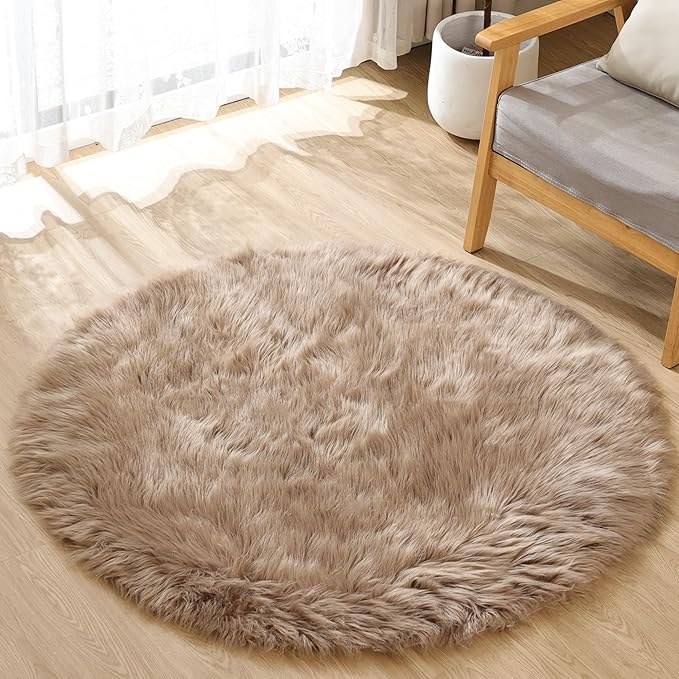 ORINOVA Beige Round Cozy 4ft Shag Rug Washable Furry Soft Area Rug for Living Room Bedroom Cute Nursery Decor Circle Carpet Faux Fur Fluffy Home Décor