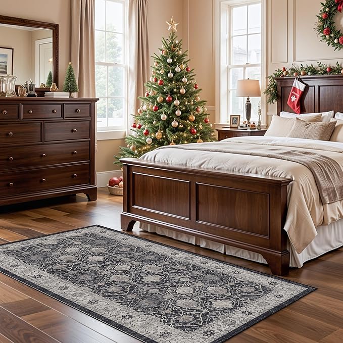 Hallway Washable Runner Rug - 3x6 Kitchen Rugs Entryway Rug Runner Vintage Soft Floor Mat Non Slip Indoor Farmhouse Carpet for Bathroom Living Room Bedroom (3 X 6, Black)