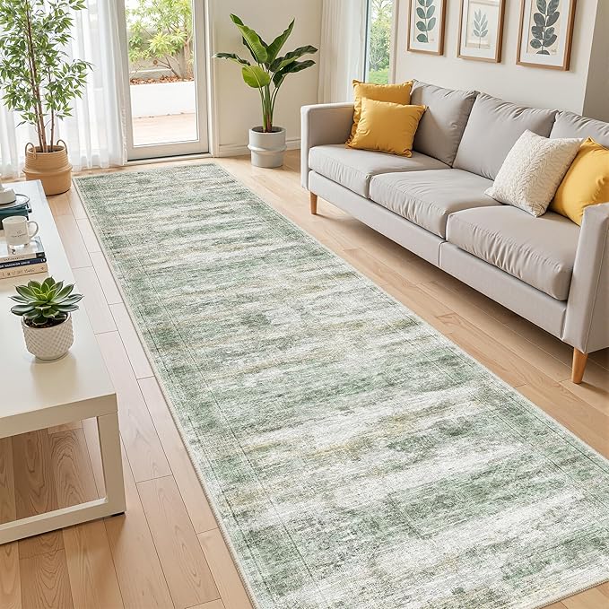 Long Rugs Runner - Washable Runner Rugs for Hallway 2x10, Ultra-Thin Soft Kitchen Carpet Runner, Anti Slip Backing Runner Rugs for Entrance, Bedroom, Living Room(2'x10', Green/Yellow/Ivory)