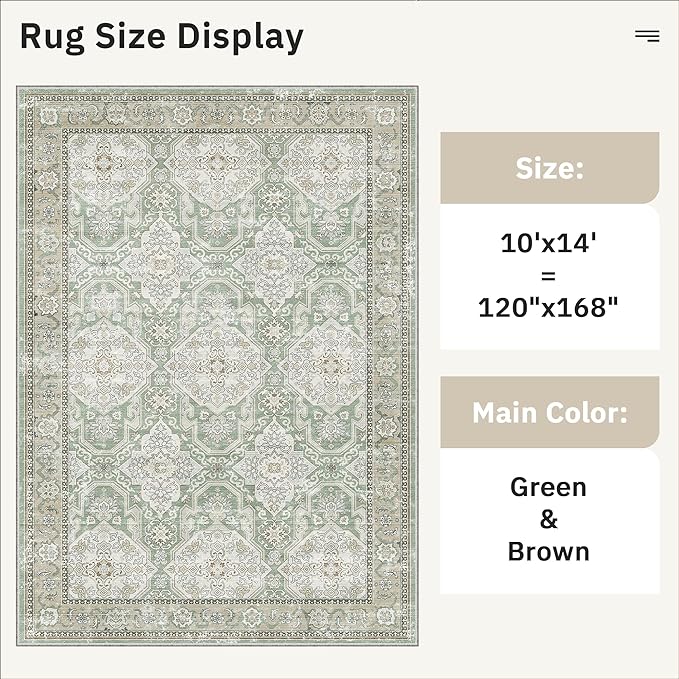 10x14 Area Rugs for Living Room, Non Slip Machine Washable Vintage Rugs, Low Pile Lightweight Large Rug for Bedroom, Dining Room, Home Office Green/Brown