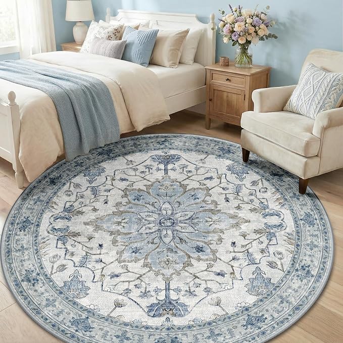 Area Rugs 6ft Washable Non-Slip, Floral Vintage Distress Print Pattern Medallion Carpet for Living Room Bedroom Dining Room, Light Blue Navy Beige Gray White