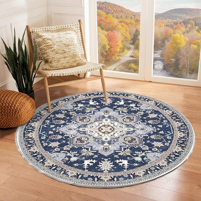 OPPODREAM Soft Round Rug 4ft, Washable Circle Rug 4ft with Non Slip Backing Play Room, Low-Pile Carpet 4 ft, Small Faux Cashmere Throw Carpet, Navy Blue & Gold
