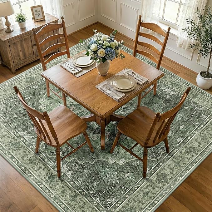 RELEANY Area Rugs Square 7ft Washable Non-Slip, Floral Vintage Distress Print Pattern Medallion Carpet for Living Room Bedroom Dining Room, Dark Green Gray