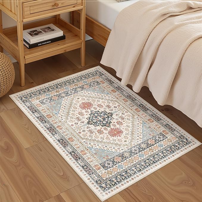 Entryway Rug - 2x3 Washable Rug Runner for Bathroom, Laundry Room, Kitchen, Soft Vintage Hallway Runner for Bedroom, Non-Slip Door Mat Indoor Entrance(Blue/Red/Multi,2'x3')