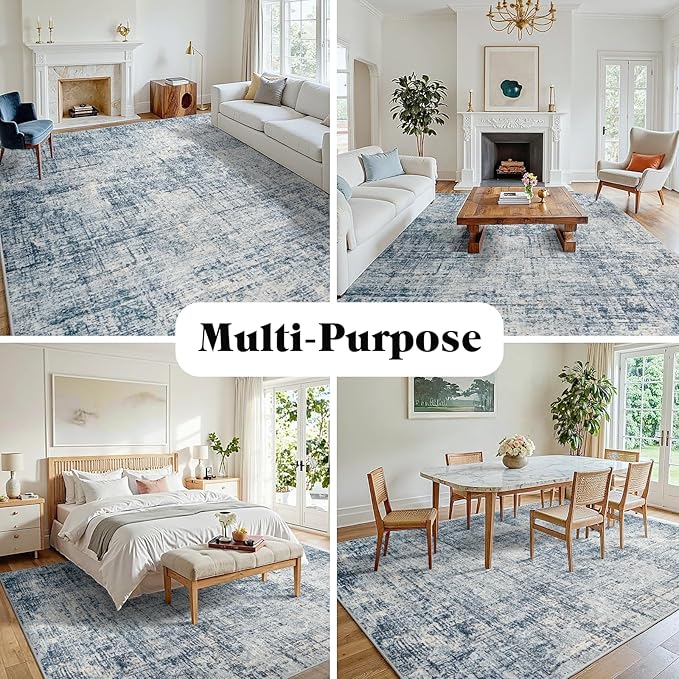 9x12 Area Rugs for Living Room Washable Rug: Anti-Skid Abstract Modern Living Room Rug Soft Thin Carpets Indoor Floor Non-Shedding Carpet for Bedroom Dining Farmhouse Nursery Home Office Blue Gold