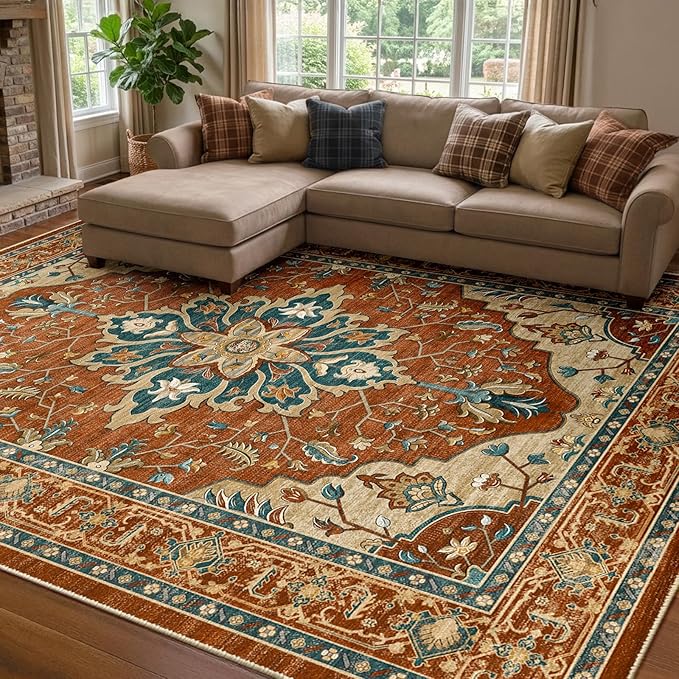 Area Rugs 8'x10' Washable Non-Slip, Floral Vintage Distress Print Pattern Medallion Carpet for Living Room Bedroom Dining Room, Red Orange Blue Brown