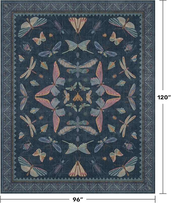 8x10 Large Farmhouse Rugs for Living Room - Unique Washable Area Rug for Bedroom, Dining Room Under Table, Boho & Insect Design, Vintage Moth Décor, Low Pile Soft Carpet (Dark Blue)