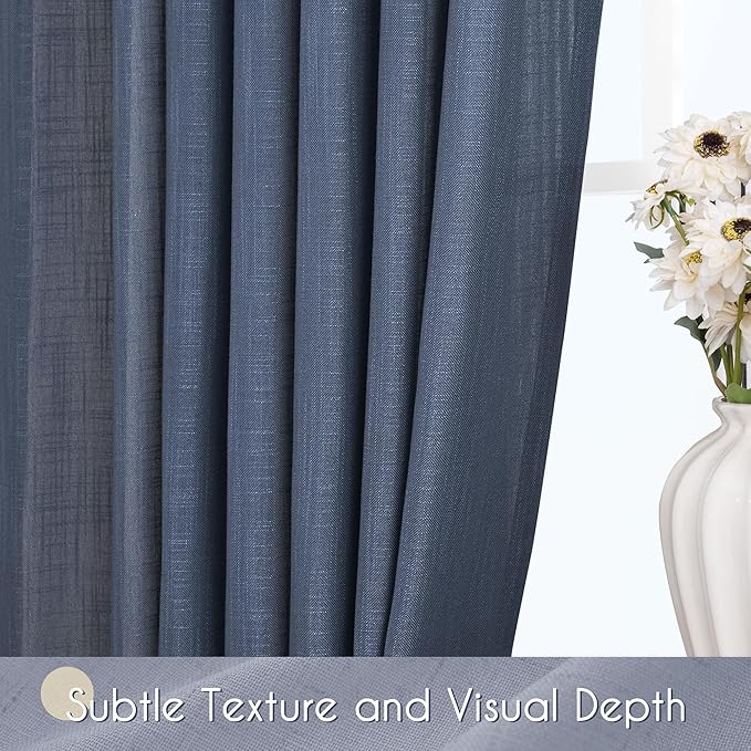 Navy Blue Curtains 90 inch Length for Bedroom Back Tab Light Filtering Semi Sheer Blue Living Room Curtains Linen Cotton Textured Indigo Blue Drapery Panel Modern Aesthetic Decor 42" Wx90 L
