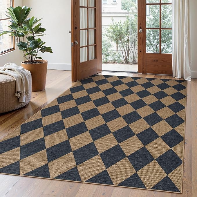Lahome Colette Checkered Easy Jute Washable Rug, 5x7 Area Rugs for Living Room Nature Large Dining Room Carpet, Farmhouse Geometric Non Slip Indoor Outdoor Carpet for Office Bedroom Backyard Patio