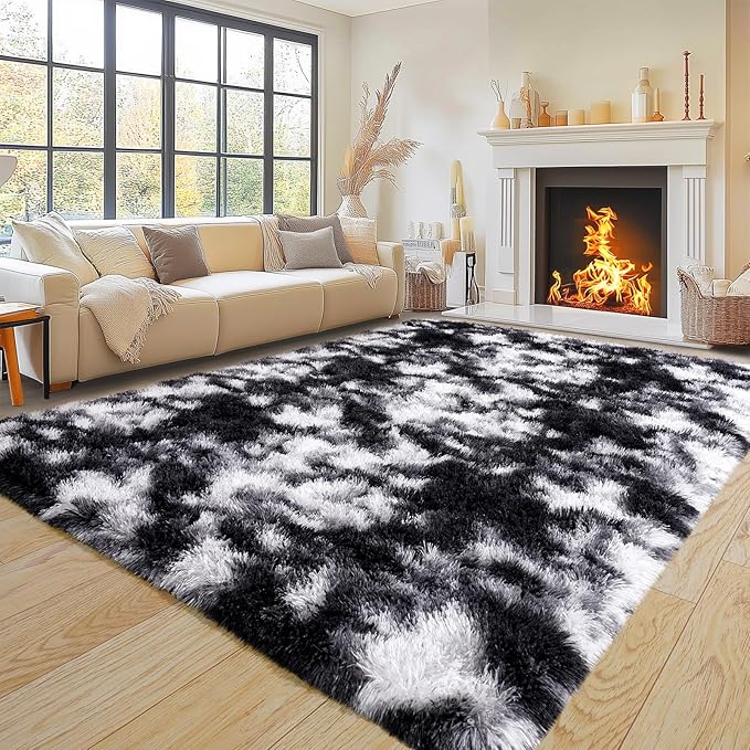 Pionblank Super Fluffy Area Rug for Living Room 5x7 Feet, Modern Indoor Shaggy Carpet, Soft Plush Non Slip Rugs for Bedroom Kids Room Cloakroom Home Decor, Black White