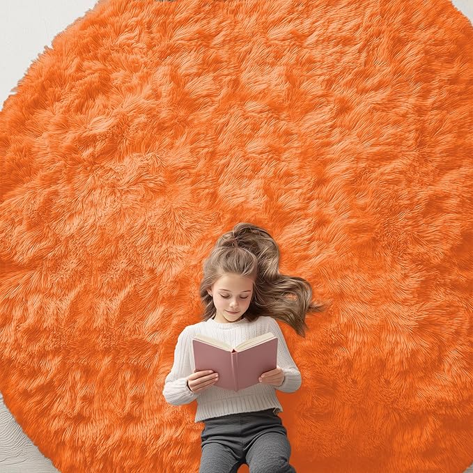 OLANLY Orange Round Rugs for Bedroom - Machine Washable, 9 ft Circle Area Rugs for Living Room, Soft and Fluffy Shaggy Carpet for Teen Girl and Boys, Nursery Rooms, Dorms, Home Decor Aesthetic