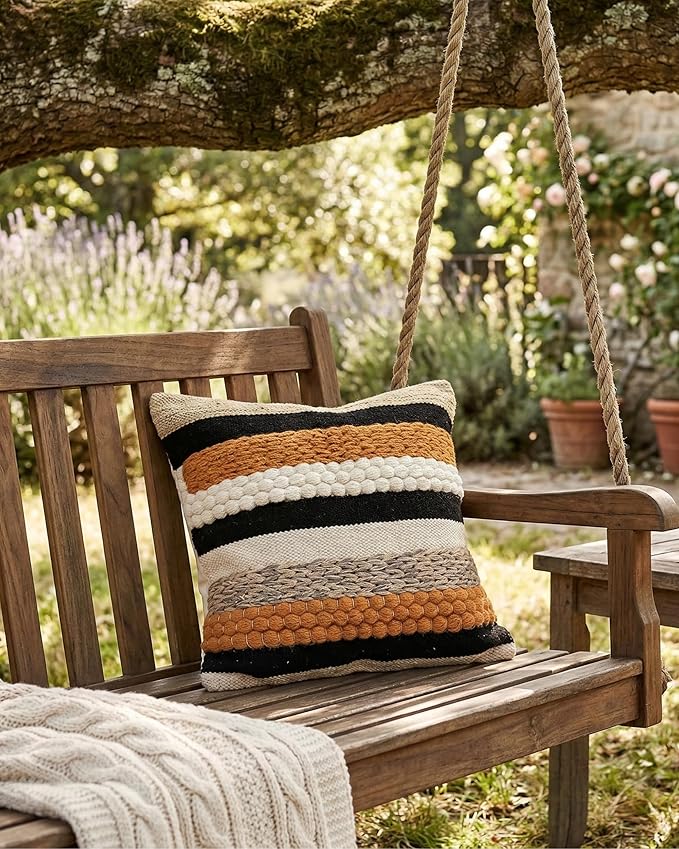 Decorative Boho Pillow Cover, 18” x 18” Square, Soft Moroccan Rustic Throw with Tufted Accents, Plush Handwoven Cotton, Neutral Farmhouse Home Decor | Made with Love and Care in India (Terracotta)