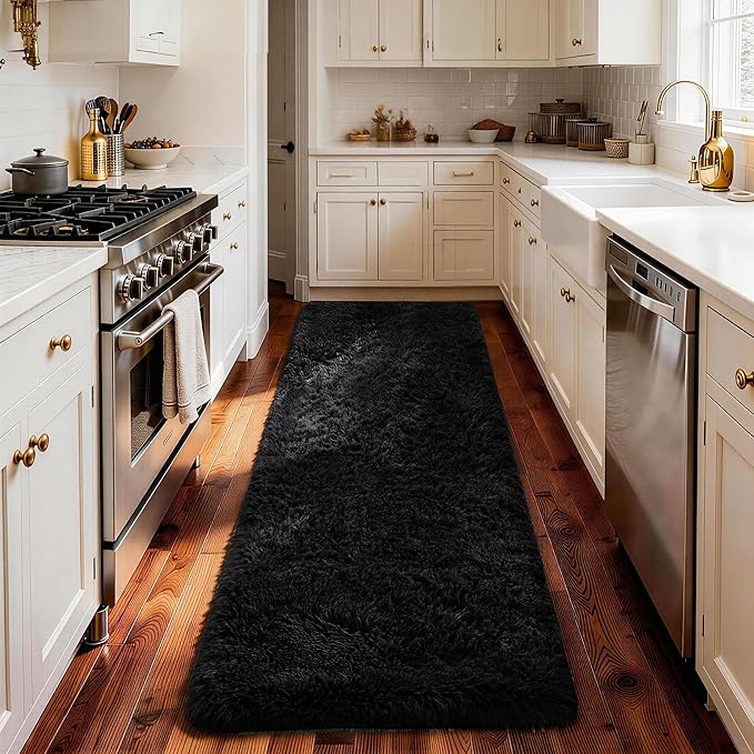 Ophanie 2x8 Runner Rug for Hallway, Upgrade Non-Slip Fluffy Soft Bedside Rugs, Bedroom Living Room Black Shaggy Carpet for Kids Girls Boys Dorm Nursery Home Decor Aesthetic