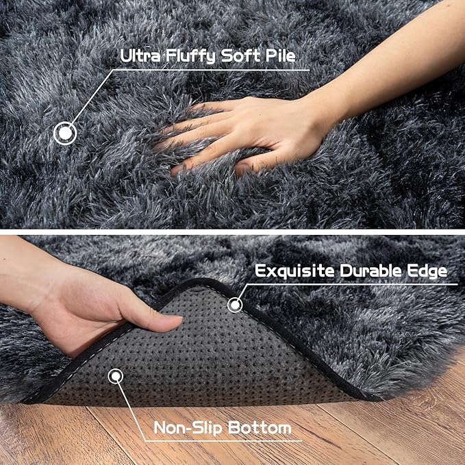 Pionblank 8x10 Rug for Living Room, Fuzzy Plush Large Area Rug, Fluffy Modern Shag Non Slip Soft Furry Carpet for Bedroom Kids Room Nursery Teens Dorm Home Decor, Dark Grey