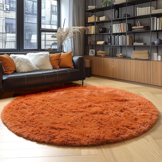 Amdrebio Burnt Orange Round Rugs 6Ft for Living Room Decor, Shaggy Plush Fuzzy Furry Circle Area Rugs for Bedroom Kids Room Aesthetic, Large Fluffy Shag Dark Orange Carpet for Nursery Dorm Classroom