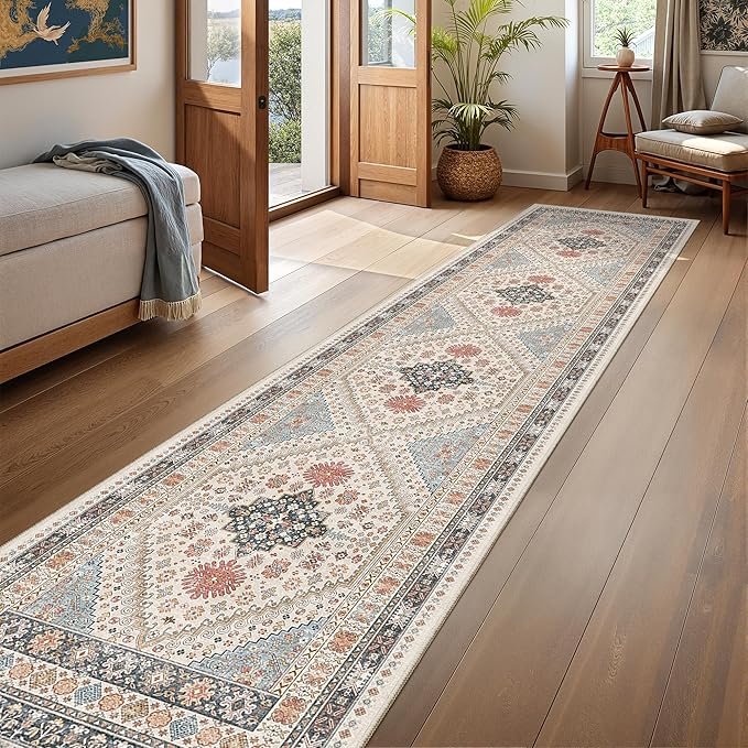 Runner Rug 2x10, Ultra-Thin Kitchen Rugs Non Slip Washable Rugs for Entryway Rug, Kitchen Runner Low Pile Vintage Soft Carpets for Living Room, Bathroom Bedroom (Blue/Red/Multi,2'x10')