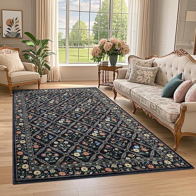 GarveeHome Living Room Rug 5x7 Rug Machine Washable Stain Resistant Area Rug Non Slip Floral Vintage Low Pile Rugs for Living Room, Bedroom, Farmhouse, Dining Room, Kids PlayroomNavy&Black