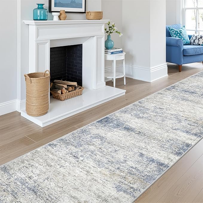 Kitchen Runner Rugs Non Skid Washable - 2.5 x 10 Runner Rug with Anti Slip Backing, Ultra-Thin Soft Rug Runner for Hallway, Bedroom, Living Room (2.5'x10', Blue/Brown/Ivory)