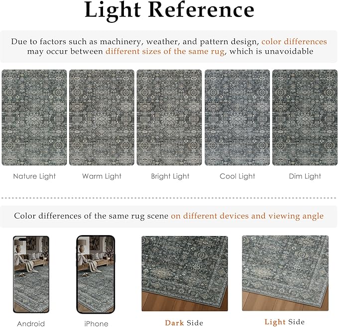 9x12 Washable Area Rug for Living Room Bedroom Vintage Black Grey Non Slip Carpet Traditional Retro Soft Low Pile Large Throw Rug for Dining Room Kitchen Office Indoor