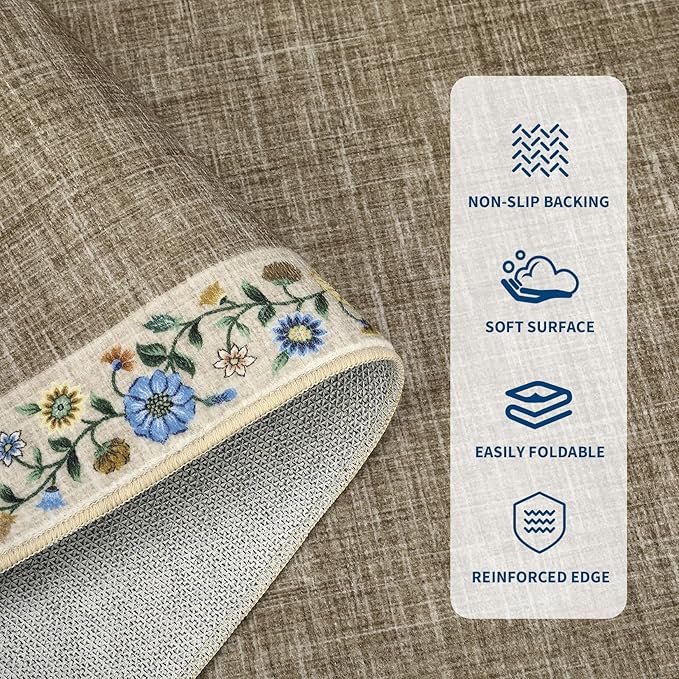GarveeHome 10x13 Machine Washable Rugs for Living Room Large Area Rug Modern Floral Indoor Accent Carpet Low Pile Carpet Soft Throw Aesthetic Floor Cover for Bedroom Laundry Dining Room, Dark Camel