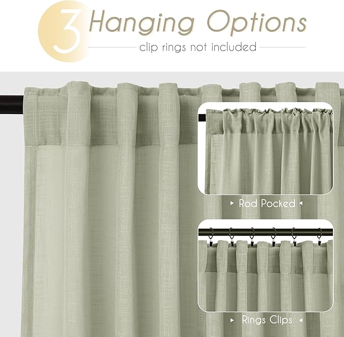 Linen Blend Sage Green Curtains 63 inch Length 2 Panels for Bedroom Back Tab Light Filtering Semi Sheer Drapes Linen Cotton Textured Light Green Airy Modern Farmhouse Living Room Sage Aesthetic Decor