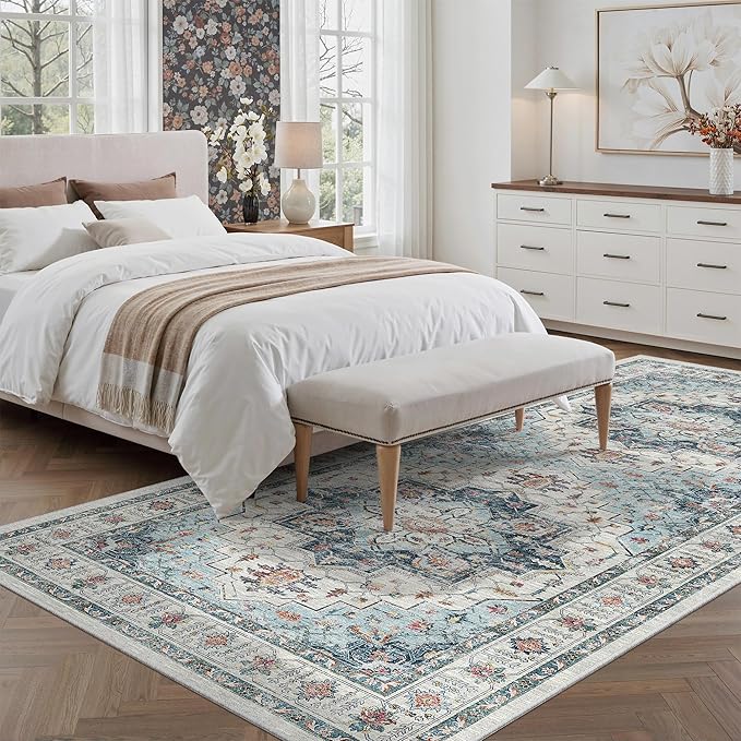 Madane Hallway Runner Rug 4x8 Wide: Washable Thin Runners for Hallways Entry, Non Slip Soft Vintage Kitchen Rugs Low Pile Carpet Runners for Living Room Bedroom Dining Room Foyer (Blue, 4x8)