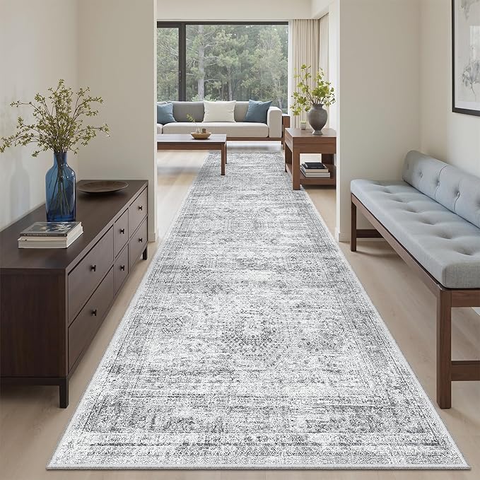 Runner Rug 3x10 Washable Non-Slip Hallway Runner Rugs for Kitchen Bathroom Laundry Room Grey Vintage Floor Carpet Runners for Hallways Entryway