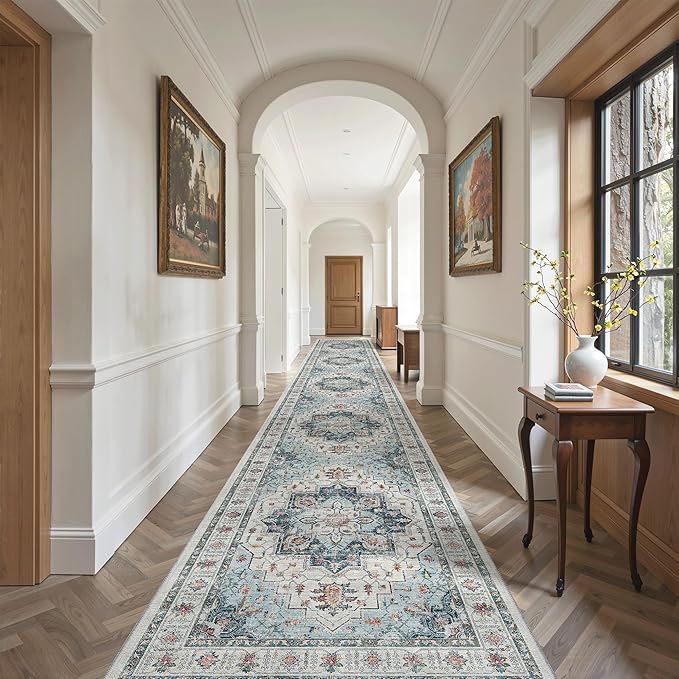 Madane Hallway Runner Rug 3x18 - Kitchen Rugs 18ft Washable Entryway Rug Vintage Kitchen Runners Non Slip Indoor Area Rug Farmhouse Carpet Runner for Bathroom Living Room Bedroom, Blue