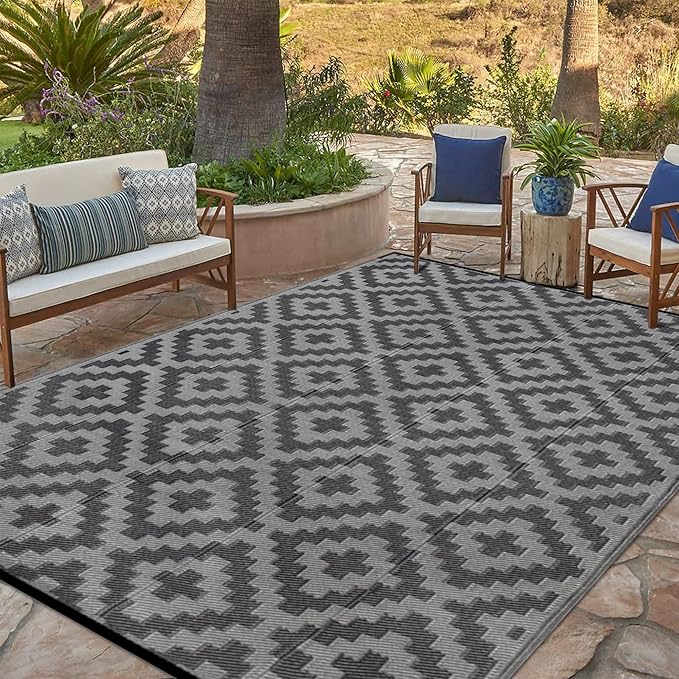Outdoor Rug 6x9 ft, Black and Grey Lattice, Reversible Polypropylene