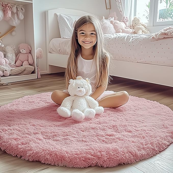 ONASAR Light Pink Round Area Rugs 2ft for Bedroom Living Room, Fluffy Cat Dog Bed Mat, Circle Rug for Kids Girls Boys Teen, Soft Plush Shaggy Carpet for Nursery Dorm Home Decor Aesthetic