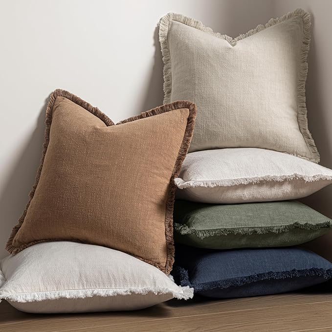 MIULEE Decorative Throw Pillow Covers Neutral Linen Fringe Throw Pillows Set of 2 Brown Boho Farmhouse Cushion Covers with Tassels for Couch Sofa Bed Living Room Spring Home Decor 20x20 Inch