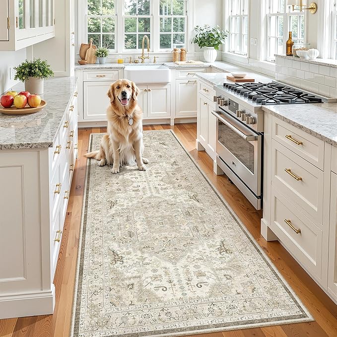 Madane Hallway Runner 3x8, Kitchen Rugs Washable Entryway Rug Vintage Kitchen Runners Non Slip Indoor Area Rug Farmhouse Carpet Runner for Bathroom Living Room Bedroom (3 X 8, Ivory/Brown)