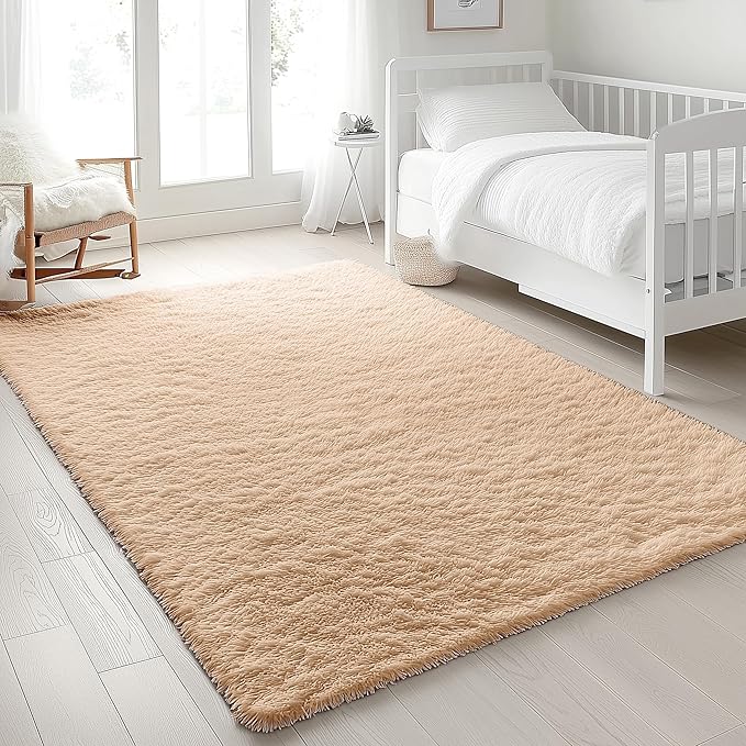 OLANLY 4x9 Area Rugs for Living Room Bedroom, Machine Washable Soft Fluffy Shaggy Bedside Rug, Indoor Floor Carpet for Kids Girls and Boys, Dorms, Nursery Rooms, Home Decor Aesthetic, Beige
